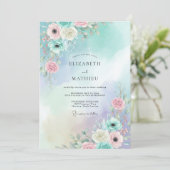 Invitation Mariage Aqua Pêche Ranunculus Eucalyptus (Debout devant)