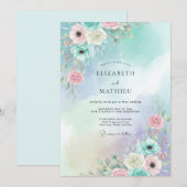 Invitation Mariage Aqua Pêche Ranunculus Eucalyptus (Devant / Derrière)