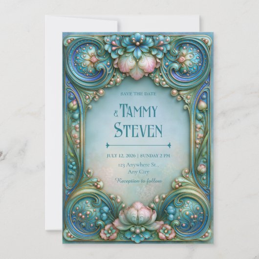 Invitation Mariage Aqua Perle Lotus (Devant)