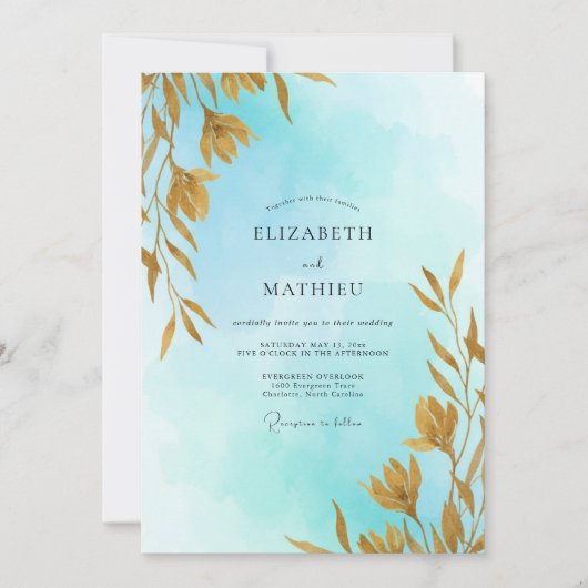 Invitation Mariage Aqua Soft Gold Leafy (Devant)