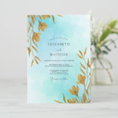 Invitation Mariage Aqua Soft Gold Leafy (Debout devant)