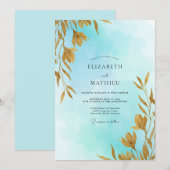 Invitation Mariage Aqua Soft Gold Leafy (Devant / Derrière)