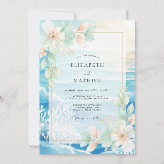 Invitation Mariage Aqua Tropical Corail Eucalyptus (Devant)