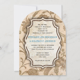 Invitation Mariage Aqua vintage et Brown à motifs floraux