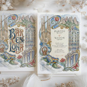 Invitation Mariage aquarelle à Barcelone avec monuments de Ga