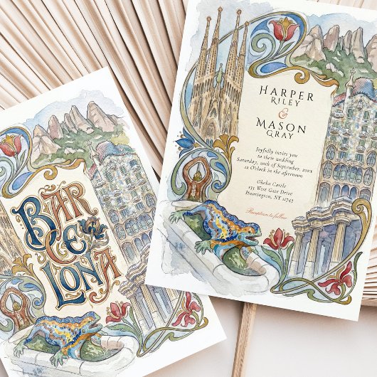Invitation Mariage aquarelle à Barcelone avec monuments de Ga