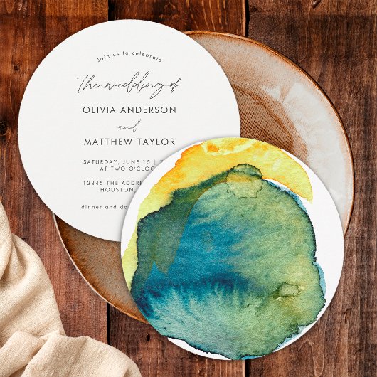 Invitation Mariage Aquarelle Abstraite Bleu Jaune Bohème