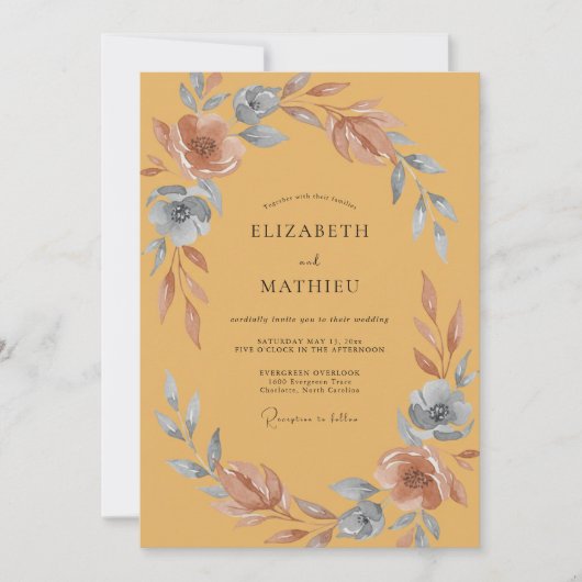 Invitation Mariage Aquarelle Acier Moutarde (Devant)
