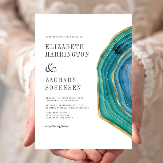 Invitation Mariage Aquarelle Agate Sarcelle Or