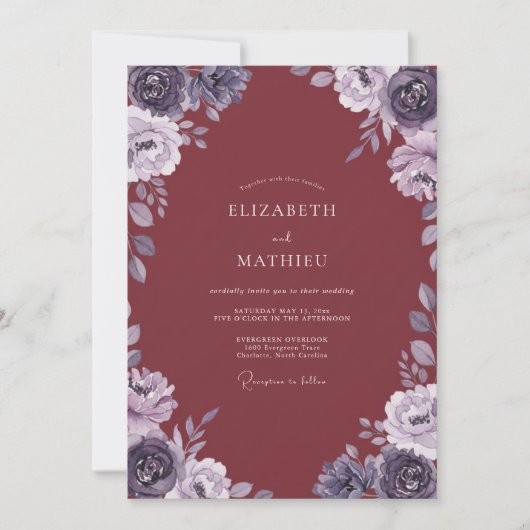 Invitation Mariage aquarelle améthyste bordeaux (Devant)