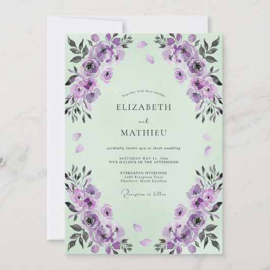 Invitation Mariage Aquarelle Améthyste Menthe (Devant)