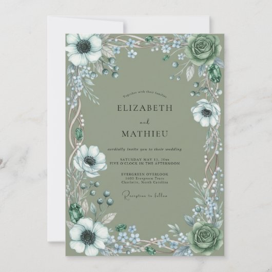 Invitation Mariage aquarelle Anémone Olive (Devant)