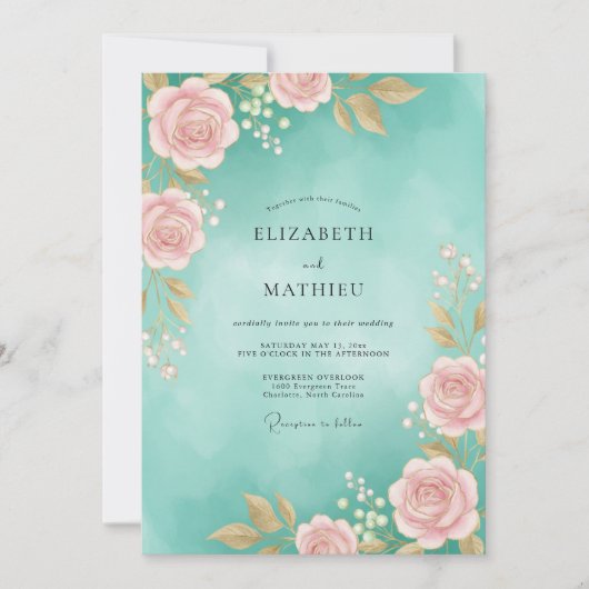 Invitation Mariage Aquarelle Aqua Rose (Devant)