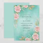 Invitation Mariage Aquarelle Aqua Rose (Devant / Derrière)