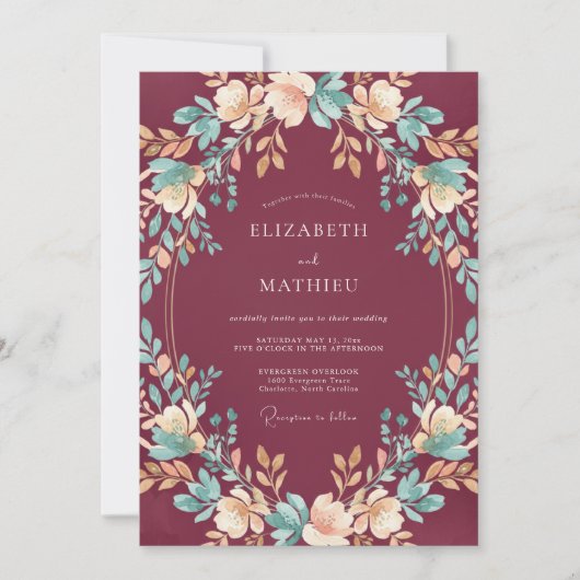 Invitation Mariage aquarelle ardoise bordeaux (Devant)