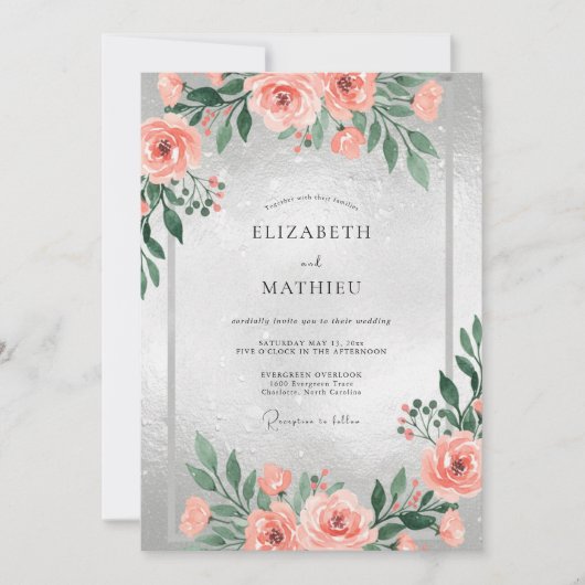 Invitation Mariage Aquarelle Argent Corail (Devant)