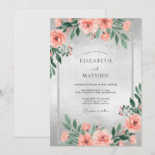 Invitation Mariage Aquarelle Argent Corail (Devant / Derrière)