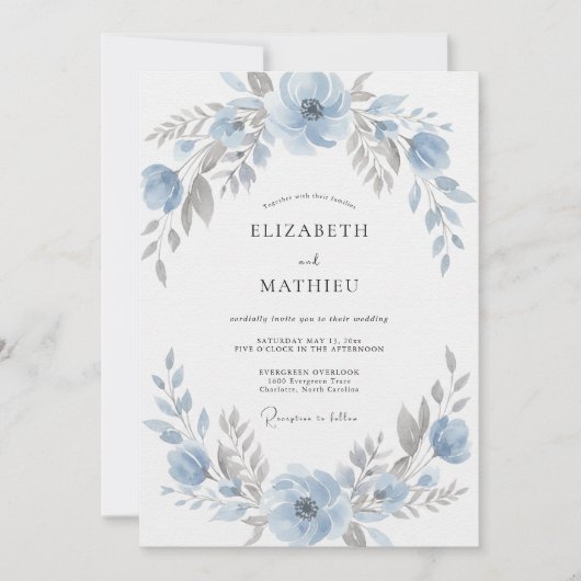 Invitation Mariage aquarelle argent et bleuet (Devant)