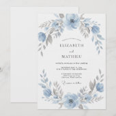 Invitation Mariage aquarelle argent et bleuet (Devant / Derrière)
