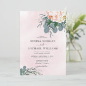 Invitation Mariage aquarelle au eucalyptus rose fuchsia pivoi (Debout devant)