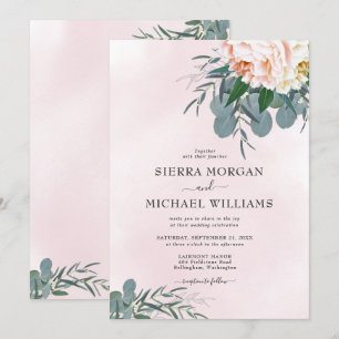 Invitation Mariage aquarelle au eucalyptus rose fuchsia pivoi