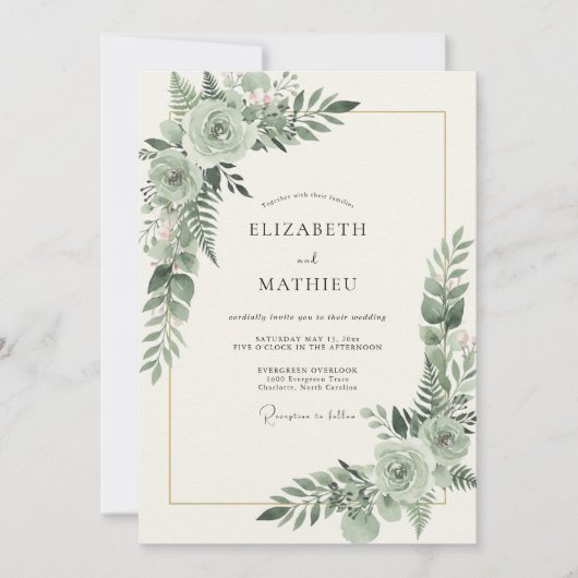 Invitation Mariage aquarelle au feuillage céladon (Devant)