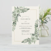 Invitation Mariage aquarelle au feuillage céladon (Debout devant)