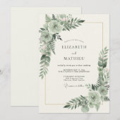 Invitation Mariage aquarelle au feuillage céladon (Devant / Derrière)
