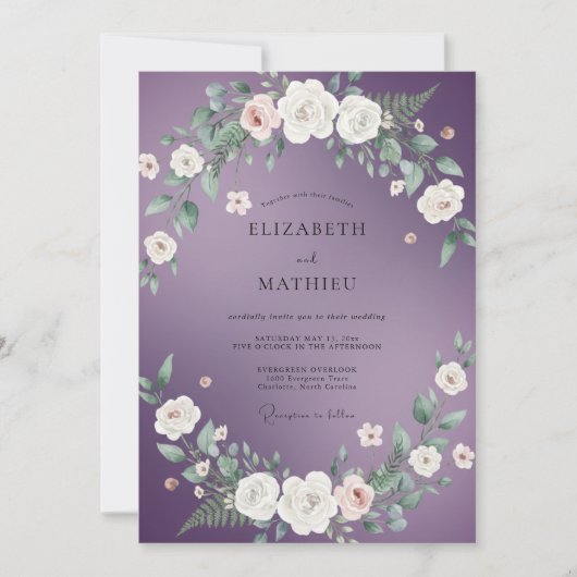 Invitation Mariage aquarelle blanc et améthyste (Devant)