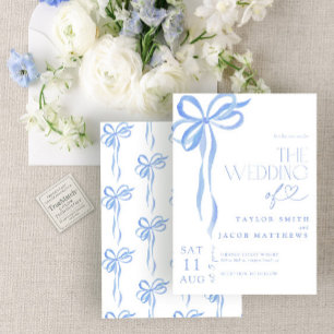 Invitation Mariage aquarelle bleu à ruban moderne et fantaisi