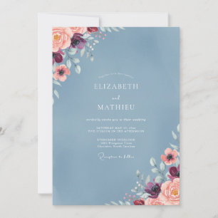 Invitation Mariage Aquarelle Bleu Acier et Prune