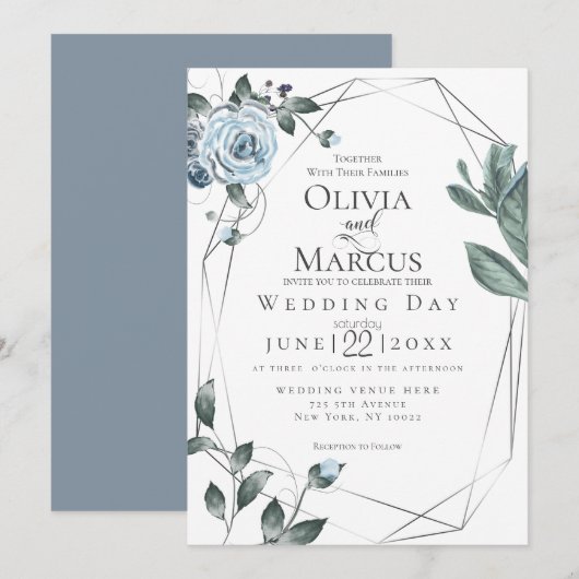 Invitation MARIAGE | Aquarelle bleu bleu foncé (Devant / Derrière)