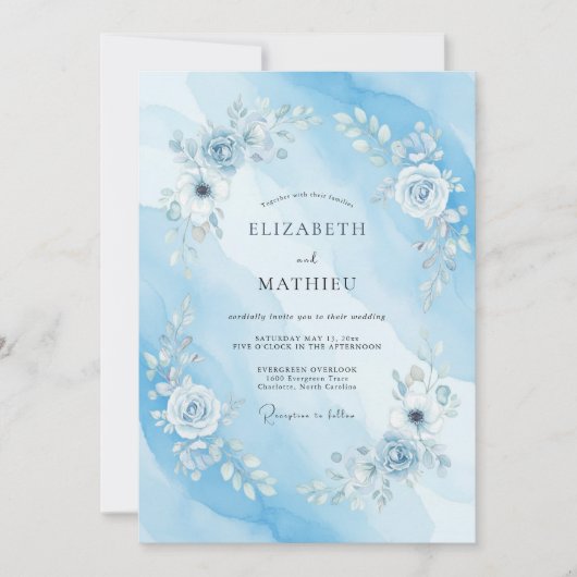 Invitation Mariage Aquarelle Bleu Céleste Sérénité (Devant)