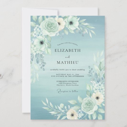 Invitation Mariage Aquarelle Bleu Clair Sérène (Devant)