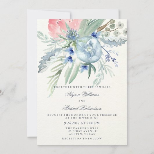 Invitation Mariage Aquarelle bleu et rose Peonies (Devant)
