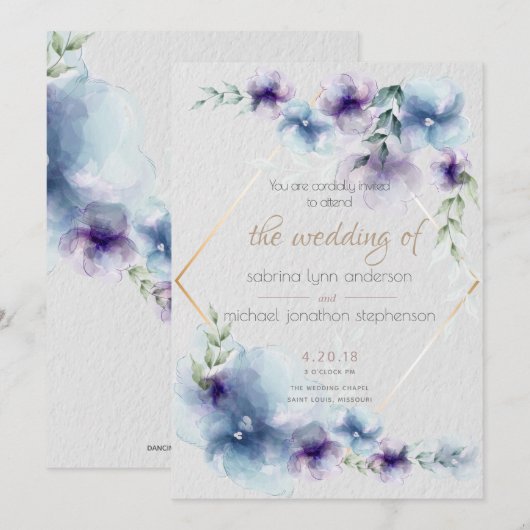 Invitation Mariage | Aquarelle bleu et violet Floral 2 (Devant / Derrière)