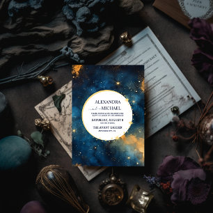 Invitation Mariage aquarelle bleu nuit mystique et or
