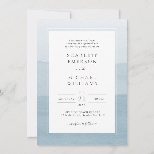 Invitation Mariage Aquarelle Bleu Poussiéreux Moderne (Devant)