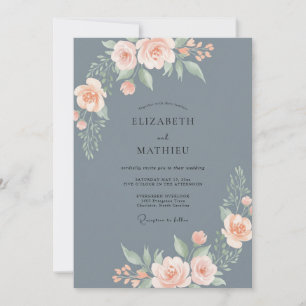 Invitation Mariage aquarelle bleu poussiéreux pêche