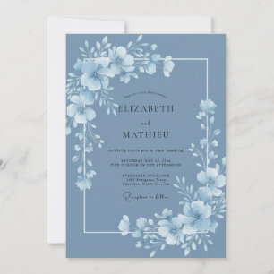 Invitation Mariage aquarelle botanique bleu poussiéreux