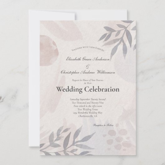 Invitation Mariage aquarelle botanique boho feuilles rose ble (Devant)