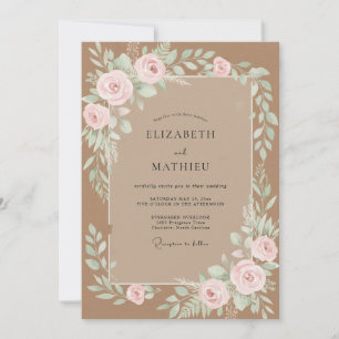 Invitation Mariage Aquarelle Botanique Brun Rosé