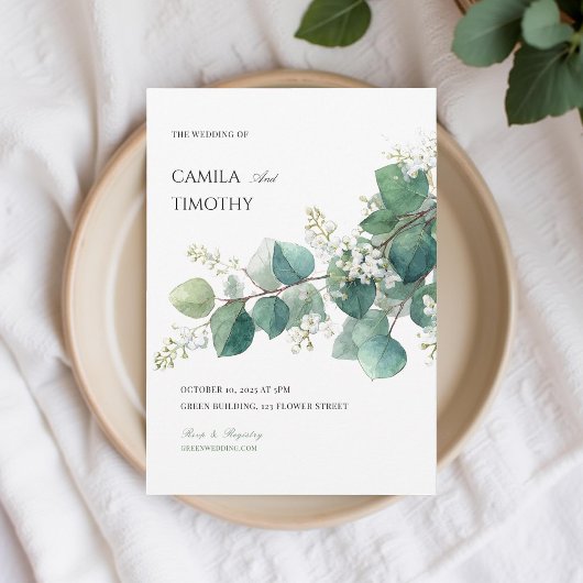 Invitation Mariage aquarelle botanique eucalyptus vert boho