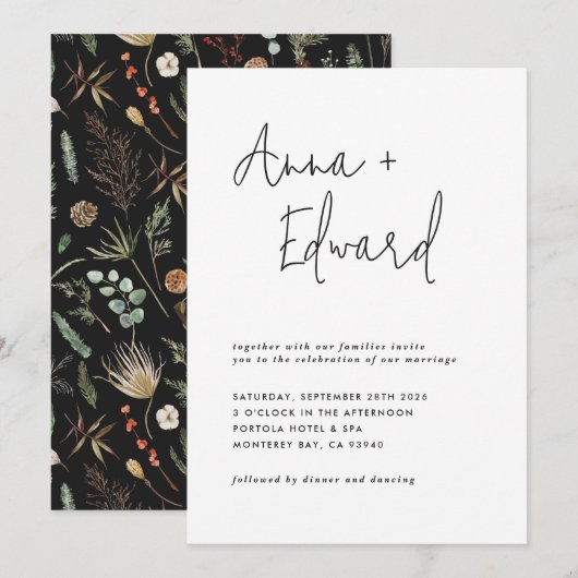Invitation Mariage aquarelle botanique floral noir moderne (Devant / Derrière)