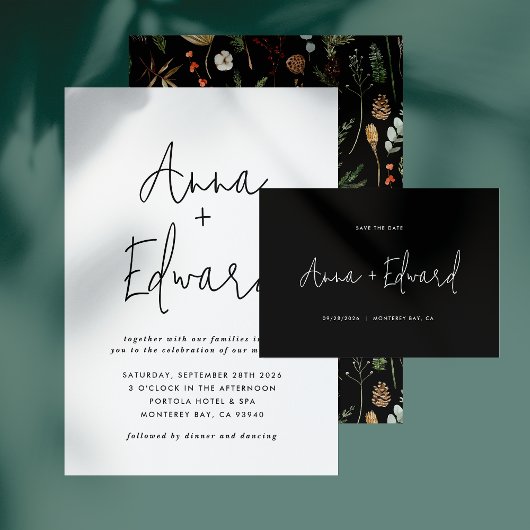 Invitation Mariage aquarelle botanique floral noir moderne