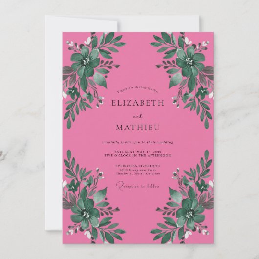 Invitation Mariage aquarelle botanique fuchsia (Devant)