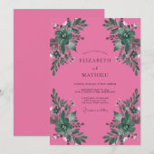 Invitation Mariage aquarelle botanique fuchsia (Devant / Derrière)