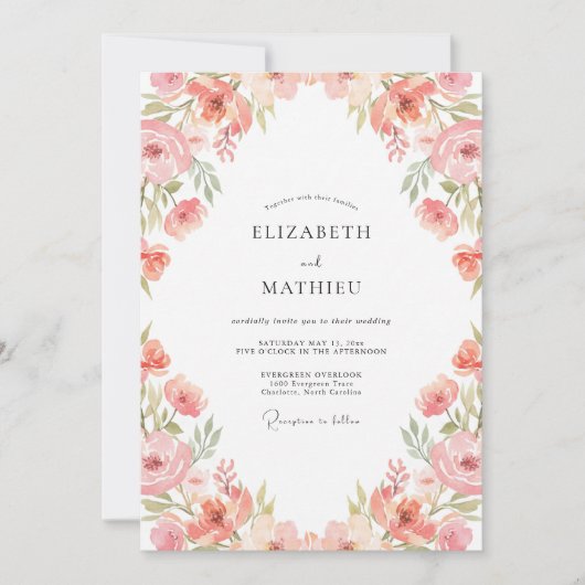 Invitation Mariage aquarelle botanique Rose Pêche (Devant)