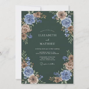 Invitation Mariage aquarelle botanique vert foncé mauve