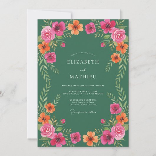 Invitation Mariage aquarelle botanique vert forêt (Devant)